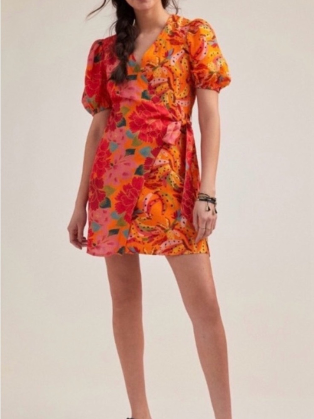 FARM Rio Orange & Pink Floral Wrap Mini Dress